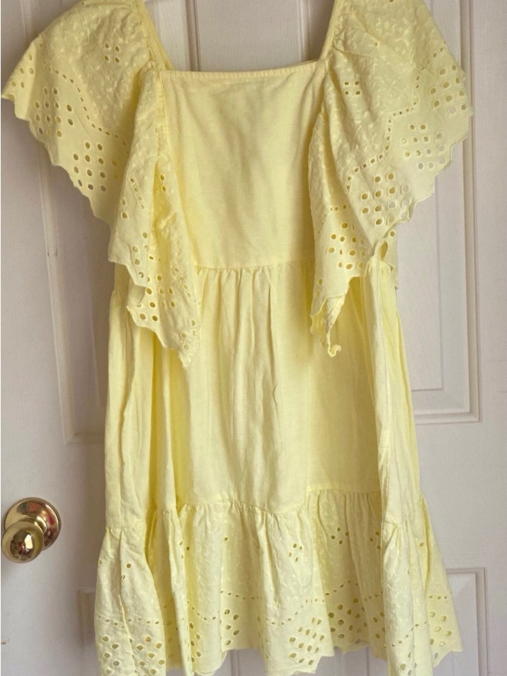 Zara Light Yellow Eyelet Flutter-Sleeve Dress